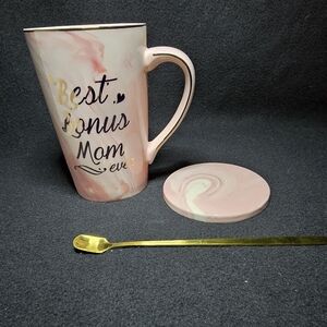 Pink Marble Mug Set with Gold Spoon "Best Bonus Mom Ever"